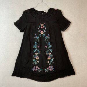 Umgee Mini Dress Womens S Black Floral Embroidered Short Sleeve Boho Lined